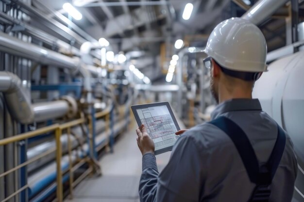 Un ingeniero comprobando la información de la máquina en una tableta en un almacén de fábrica del futuro cercano