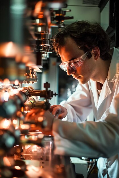 Ingeniero de computación cuántica calibrando qubits en un sofisticado laboratorio afinando algoritmos cuánticos