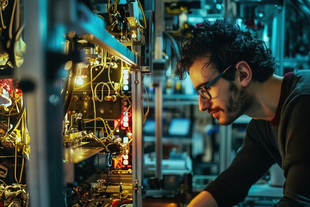 Ingeniero de computación cuántica calibrando qubits en un sofisticado laboratorio afinando algoritmos cuánticos