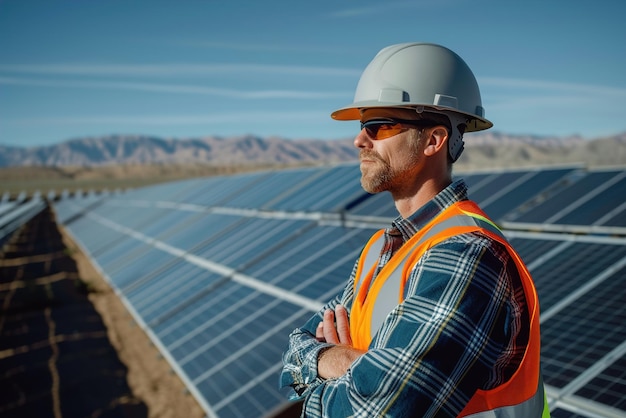 Ingeniero confiado con vistas a una granja solar