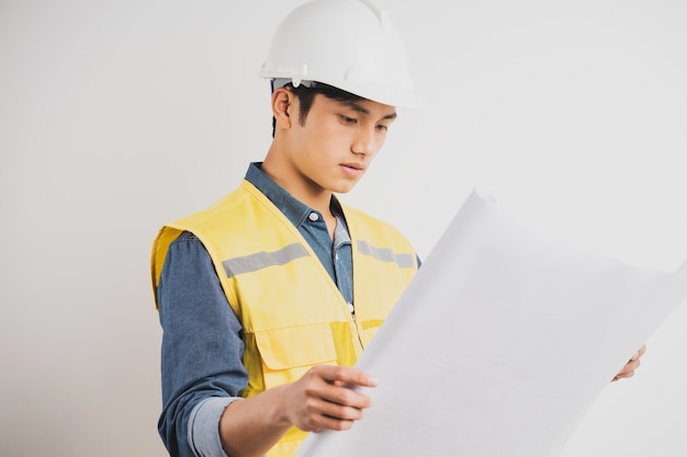 Ingeniero de construcción asiático leyendo el dibujo técnico