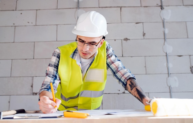 Ingeniero de construcción centrado en dibujar un plano en una mesa improvisada