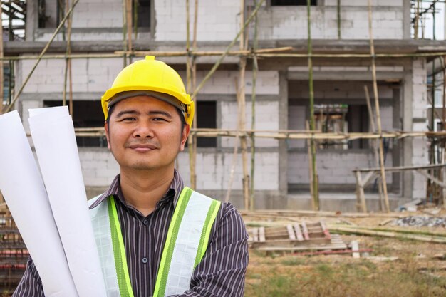 Ingeniero de construcción de hombre de negocios asiáticos en el sitio de construcción de viviendas