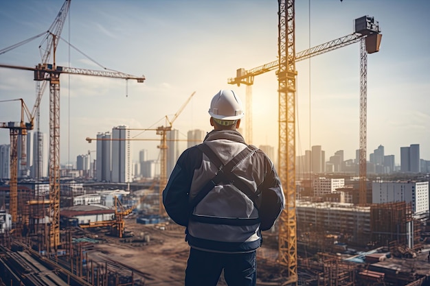 un ingeniero de construcción de hombres con ppe completo de pie mirando el sitio de construcción