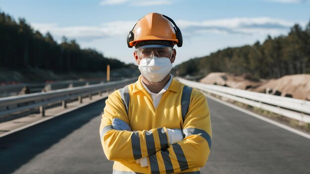 El ingeniero de construcción lleva un soporte de equipo de protección personal en el sitio de construcción de la carretera