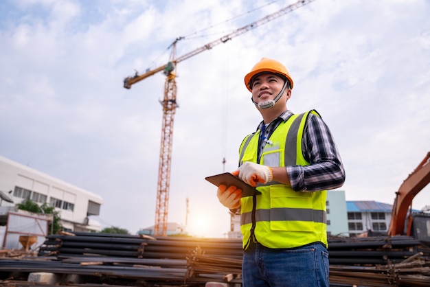 Ingeniero de construcción masculino. Arquitecto con una tableta en un sitio de construcción. Hombre joven asiático que mira, lugar del sitio de construcción. Concepto de ingeniero de construcción o edificación