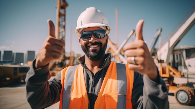 Ingeniero de construcción mostrando el signo de la victoria en el sitio de construcción