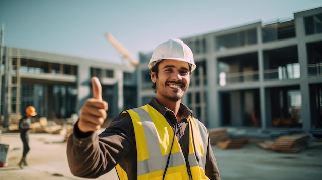 Ingeniero de construcción mostrando el signo de la victoria en el sitio de construcción