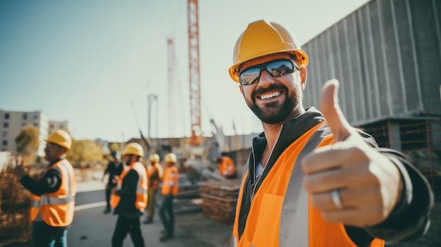 Ingeniero de construcción mostrando el signo de la victoria en el sitio de construcción