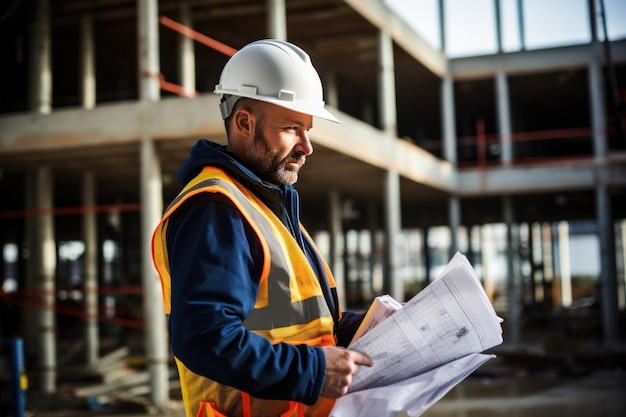 Ingeniero de construcción o arquitecto que trabaja en un sitio de construcción mirando planos y planeando un diseño de casa