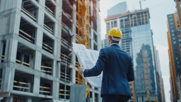 Ingeniero de construcción revisando los planos en el sitio de construcción