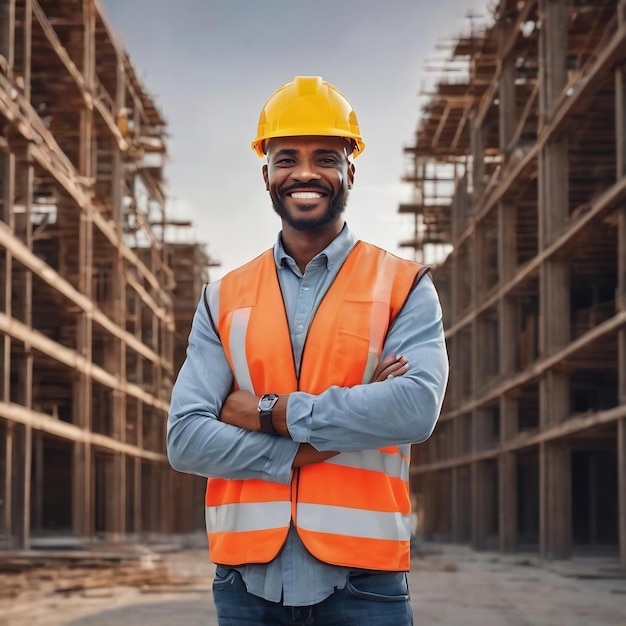 Ingeniero de construcción sonriente posando con los brazos cruzados aislado sobre un fondo gris