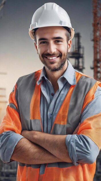 Ingeniero de construcción sonriente posando con los brazos cruzados aislado sobre un fondo gris