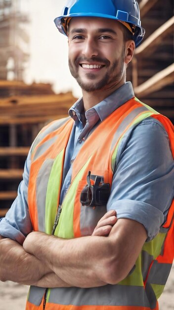 Ingeniero de construcción sonriente posando con los brazos cruzados aislado sobre un fondo gris