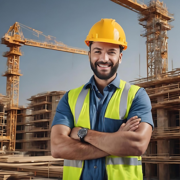 Ingeniero de construcción sonriente posando con los brazos cruzados aislado sobre un fondo gris