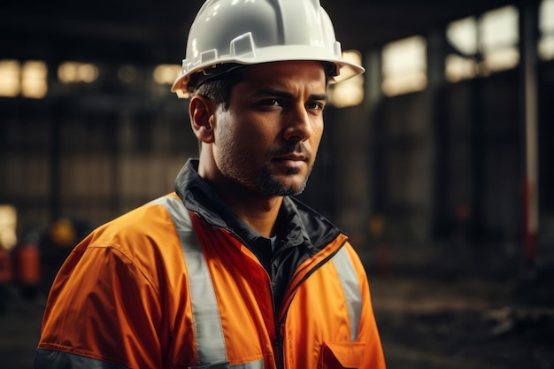 Ingeniero de construcción con traje de seguridad, sombrero de seguridad y equipo de seguridad en el sitio de construcción de un edificio