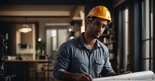 Un ingeniero un constructor en un casco con planos en sus manos sobre el fondo de dibujos azules