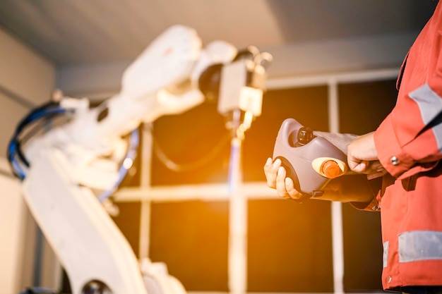 Foto ingeniero de control de soldadura robótica de la máquina de brazos automáticos por colgante. robot de programación con brazo robótico. fábrica inteligente.