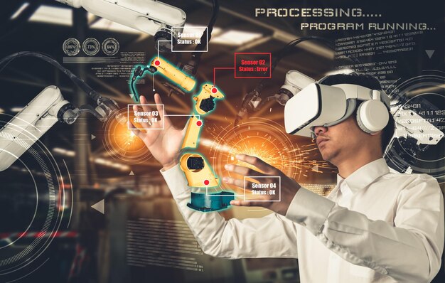 Ingeniero controla brazos robóticos por tecnología de la industria de realidad aumentada