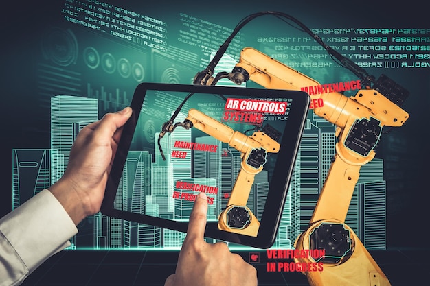 Ingeniero controla brazos robóticos por tecnología de la industria de realidad aumentada