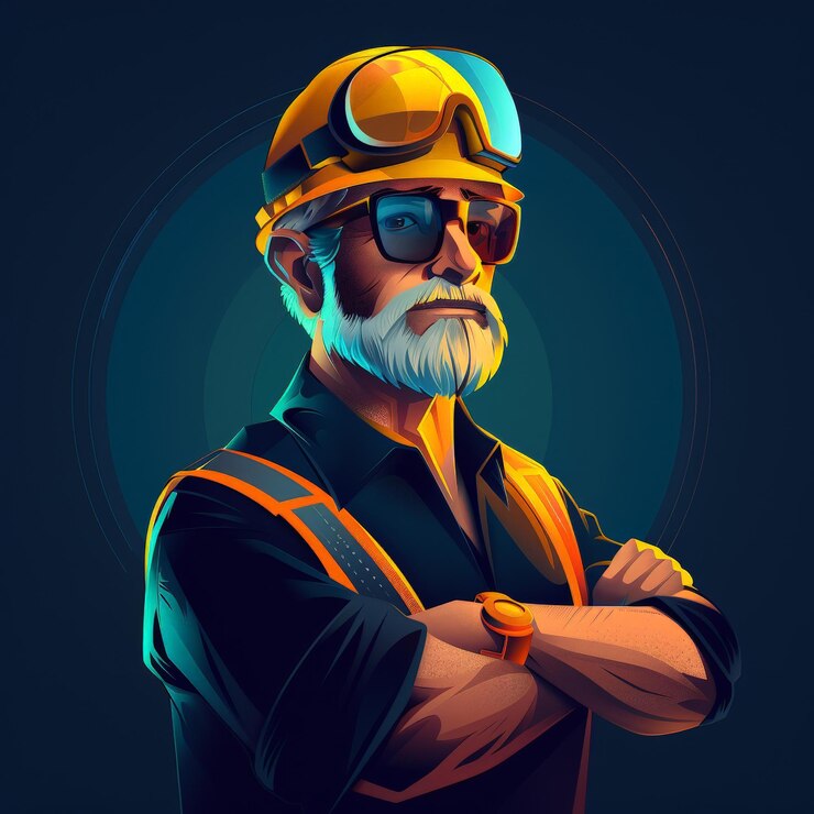 Ingeniero corporativo en estilo cinematográfico hiperrealista con fondo azul oscuro