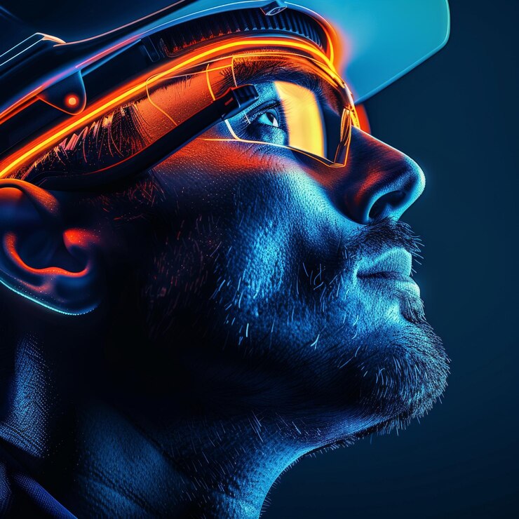 Ingeniero corporativo en estilo cinematográfico hiperrealista con fondo azul oscuro