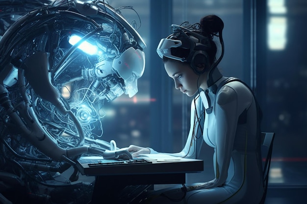 Foto ingeniero cyborg moderno diseña robótica futurista