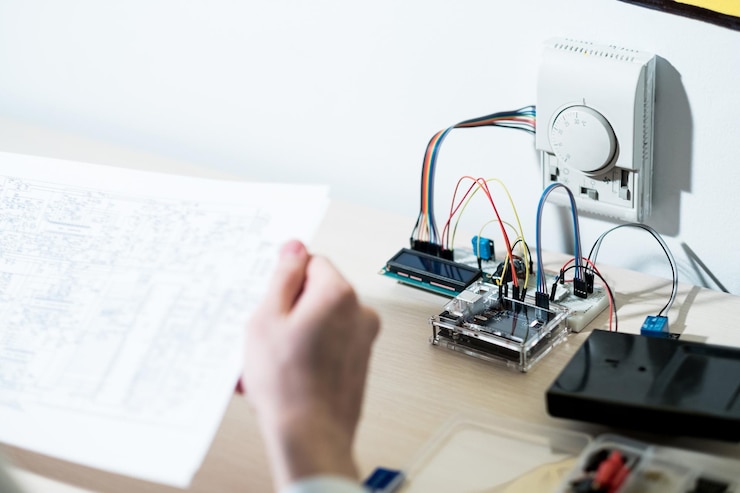 Foto ingeniero de desarrollo de sistemas domésticos inteligentes leyendo esquemas antes de instalar el sistema de control doméstico automatizado