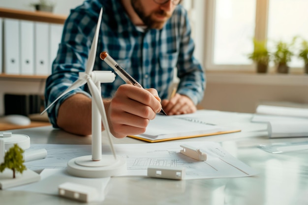 Ingeniero diseñando un proyecto con energías renovables en el modelo de turbina eólica de la oficina