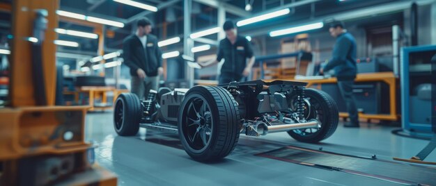 Foto un ingeniero de diseño automotriz discute el prototipo de chasis de automóvil eléctrico en las instalaciones del laboratorio de innovación