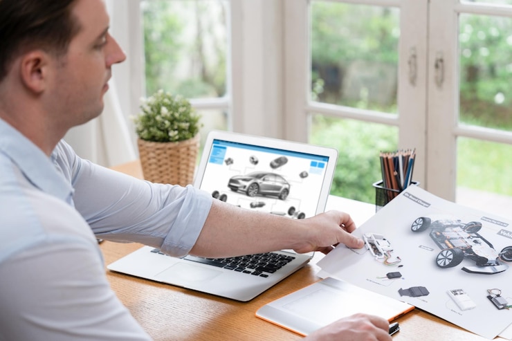 Foto ingeniero de diseño de automóviles analiza el prototipo de automóvil para el negocio de automóviles en la oficina doméstica. el diseñador de ingeniería automotriz analiza cuidadosamente la búsqueda de fallas y mejoras para el diseño de automóviles con synchronos portátiles.