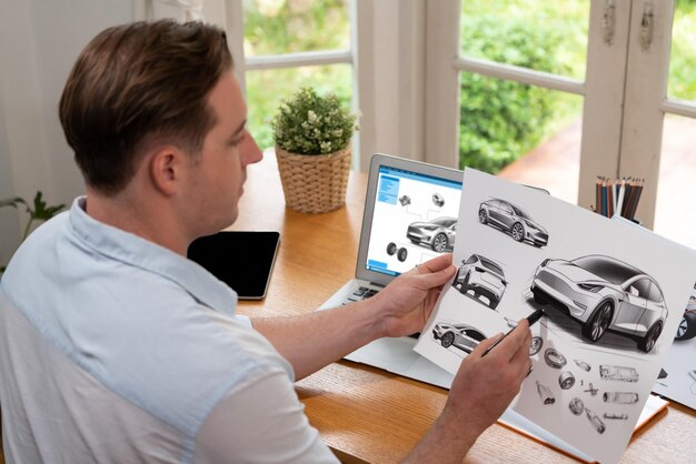Ingeniero de diseño de automóviles analiza el prototipo de automóvil para el negocio de automóviles en la oficina doméstica. El diseñador de ingeniería automotriz analiza cuidadosamente la búsqueda de fallas y mejoras para el diseño de automóviles con Synchronos portátiles.