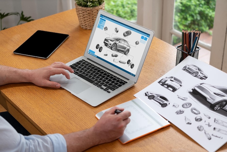Foto ingeniero de diseño de automóviles analiza el prototipo de automóvil para el negocio de automóviles en la oficina doméstica. el diseñador de ingeniería automotriz analiza cuidadosamente la búsqueda de fallas y mejoras para el diseño de automóviles con synchronos portátiles.