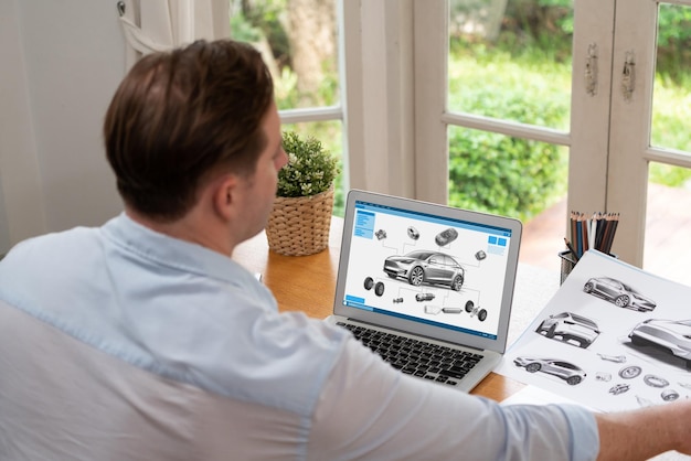 Ingeniero de diseño de automóviles analiza el prototipo de automóvil para el negocio de automóviles en la oficina doméstica. El diseñador de ingeniería automotriz analiza cuidadosamente la búsqueda de fallas y mejoras para el diseño de automóviles con Synchronos portátiles.