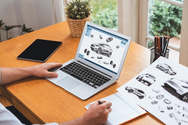 El ingeniero de diseño de automóviles analiza el prototipo de automóvil para el negocio de automóviles en la oficina del hogar El diseñador de ingeniería automotriz analiza cuidadosamente la búsqueda de defectos y mejoras para el diseño de automóviles con Synchronos portátil.