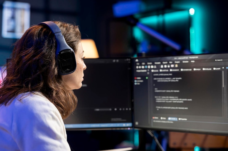 Foto ingeniero disfrutando de podcasts en auriculares mientras codifica