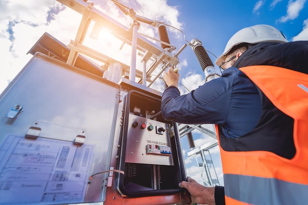 Foto ingeniero electricista comprobar el proceso de construcción de la subestación