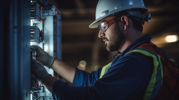 Ingeniero electricista repara el cableado en el panel de la centralita eléctrica solucionando problemas en una estación eléctrica