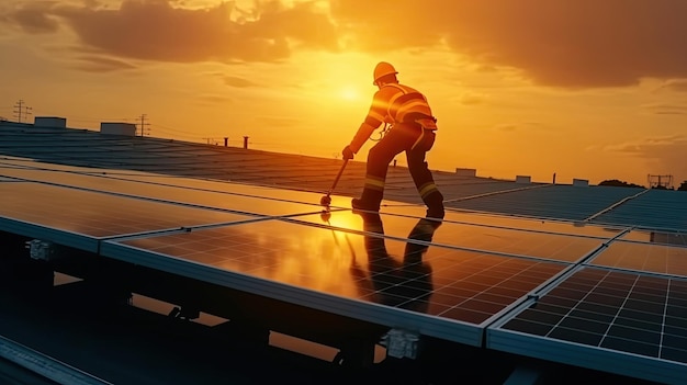 Un ingeniero electricista verifica los paneles solares en el techo energía limpia energía naturaleza sistemas fotovoltaicos la energía producida por el sol Concepto de energía sostenible Ai generativo