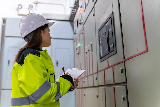 Ingeniero eléctrico asiático con portapapeles para verificar y monitorear el sistema eléctrico en la sala de controlTécnico tailandia personas trabajando