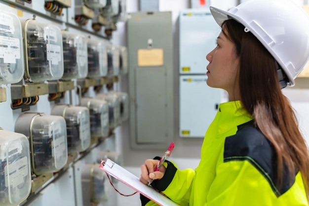 Ingeniero eléctrico asiático con portapapeles para verificar y monitorear el sistema eléctrico en la sala de controlTécnico tailandia personas trabajando