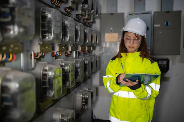 Foto ingeniero eléctrico asiático sosteniendo portapapeles para verificar y monitorear el sistema eléctrico en la sala de controltécnico gente trabajando en tailandia