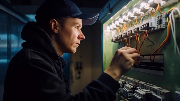 Un ingeniero eléctrico de IA generativa prueba el funcionamiento del gabinete de control eléctrico