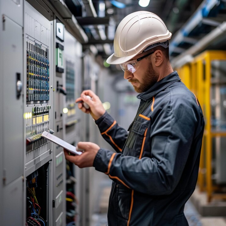 Un ingeniero eléctrico inspecciona el armario eléctrico de alta tensión Técnico de mantenimiento