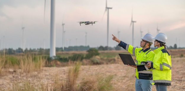 Ingeniero eléctrico en un parque eólico Avanzando la sostenibilidad energética Generando energía limpia a partir del viento para un futuro sostenible Solución de energía renovable para el cambio climático
