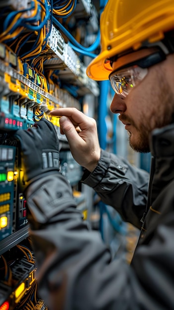 Ingeniero eléctrico profesional probando el relé eléctrico para la eficiencia y la seguridad en condiciones realistas