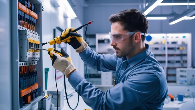 Ingeniero eléctrico que utiliza equipos de medición para comprobar la tensión de la corriente eléctrica en caso de interrupción del circuito