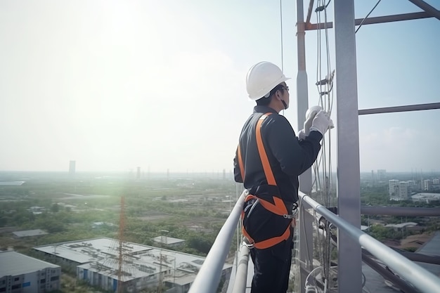 El ingeniero eléctrico usa uniforme de seguridad en alturas Ilustración Ai generativa