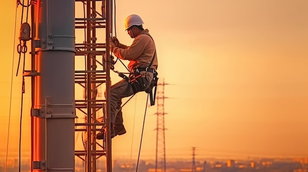 Ingeniero eléctrico usa uniforme de seguridad en alturas Trabajo de ingeniero de construcción para techo industrial con espacio de copia Tecnología Generativa Ai