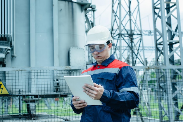 Un ingeniero energético inspecciona los equipos modernos de una subestación eléctrica antes de la puesta en servicio Energía e industria Reparación programada de equipos eléctricos